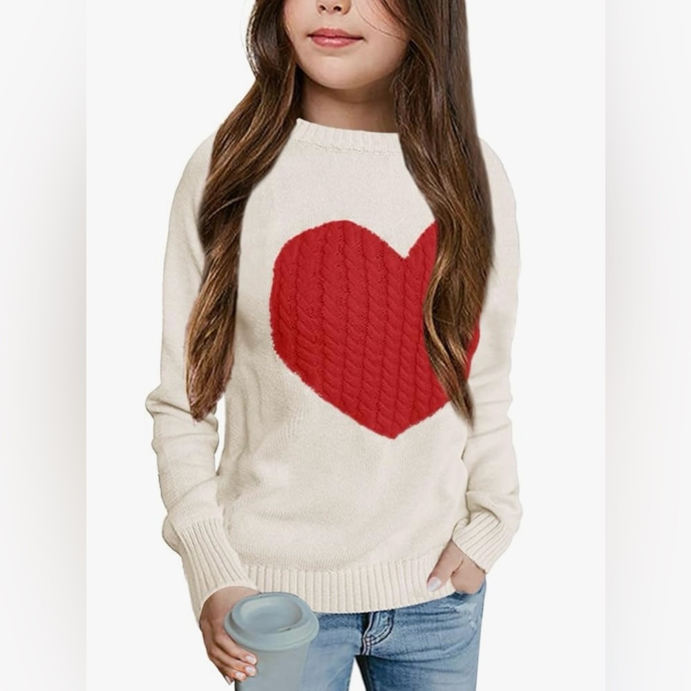 NEW BATERMOON Girls Long Sleeve Heart Pattern Crewneck Knit Sweater.